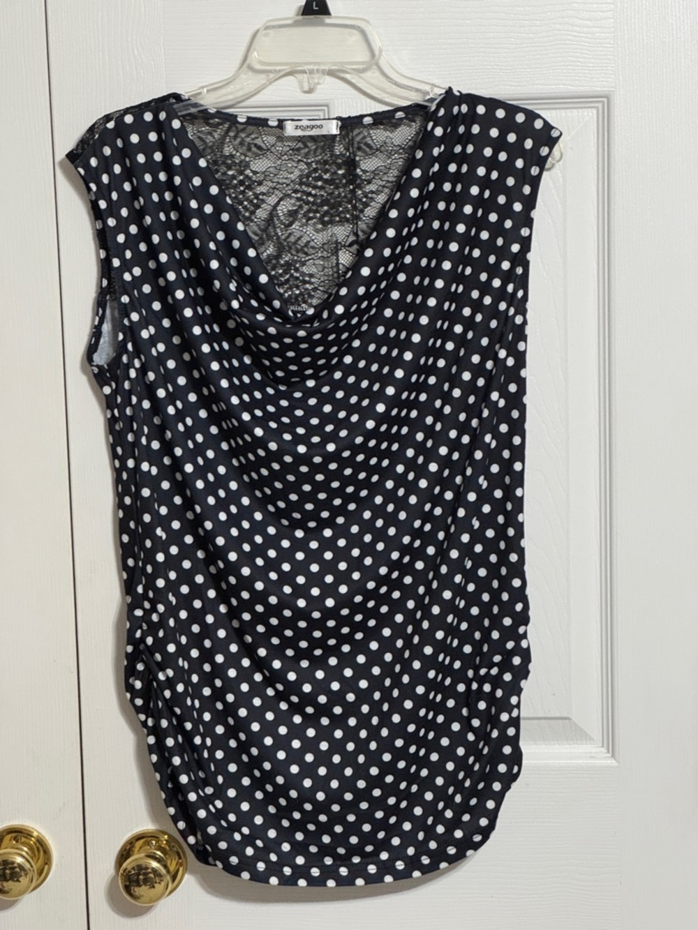 zeagoo Black and White Polka Dot Sleeveless Cowl Neck Top
